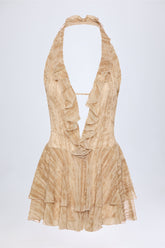 Ruffled Plunge Halterneck Playsuit in Tan Print